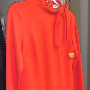 Calvin Klein Vibrant Orange Dress with Bow Tie & Gold Back Zipper